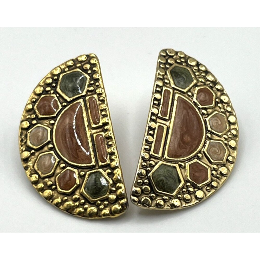 Vintage Lady Remington Half Moon Mosaic Earrings Pierced 80s Gold Tone Art Deco
